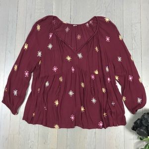 Women's Printed V-Neck Tassel Henley Boho Top